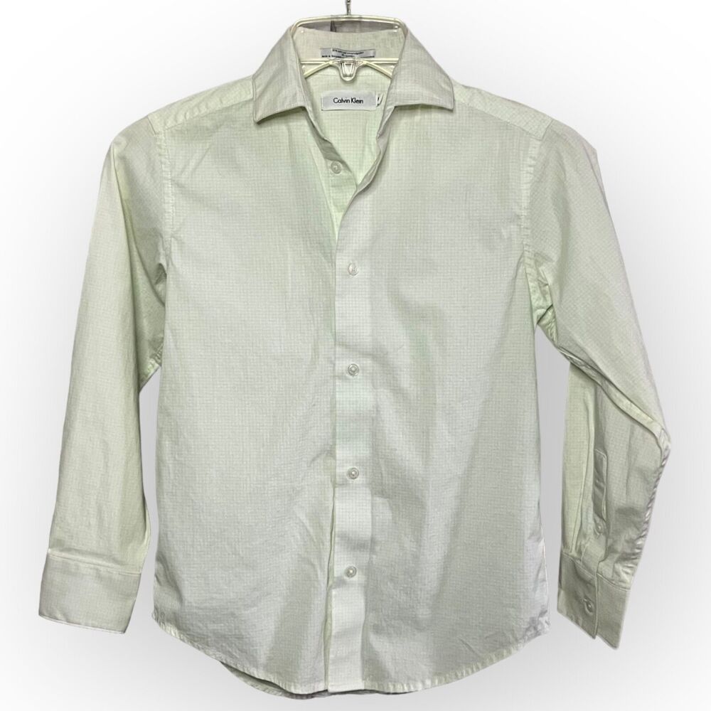 Calvin Klein Kids Pale Green & White Checked Button-Down Dress Shirt Size 8